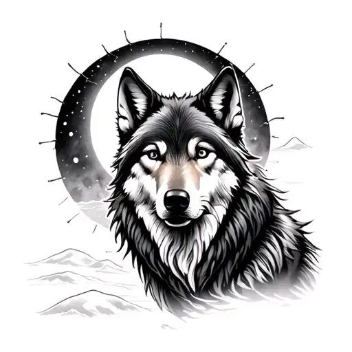 Wolf Looking At The Moon And Sun