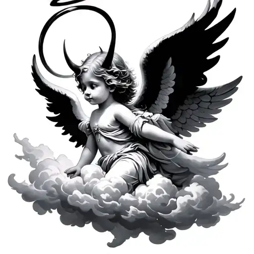 Little Angel With Horns And Halo On A Cloud