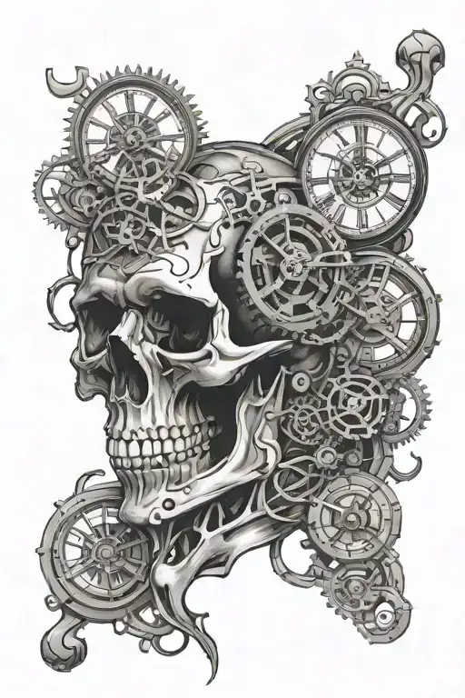 Skull And Clock Mechanism Intertwined