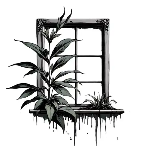 A Plant That Is Half Dying Half Alive In Front Of An Old Window With A Vintage Frame