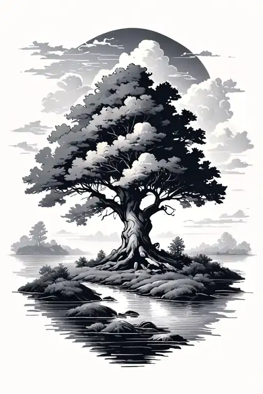 Large Tree With Sky And Clouds And River Running Through