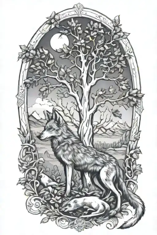 Renaissance Engraving Of Coyote And The Tree Of Life