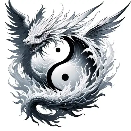 Fire And Ying Yang -Shaped Ice Dragon With The Aura Of A Phoenix Around And Emerging From The Top