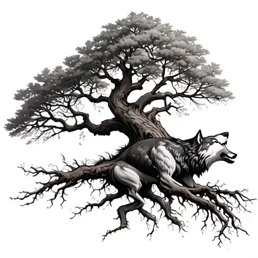 Tree With Dried Branches And Roots With A Wolf Howling From The Feet Of The Tree