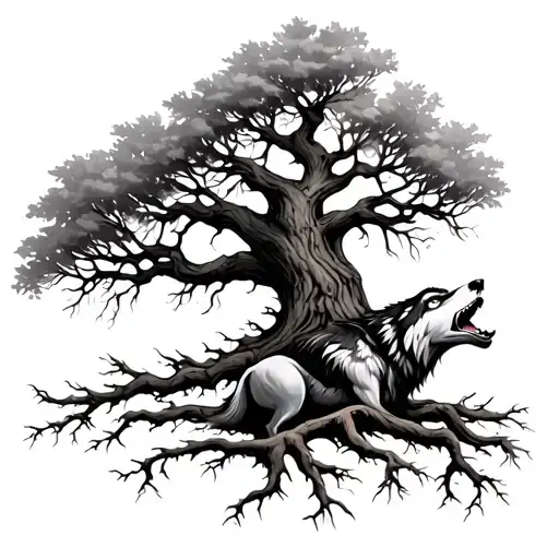 Tree With Dried Branches And Roots With A Wolf Howling From The Feet Of The Tree