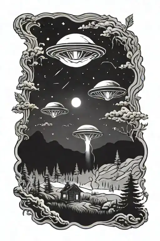 Alien Abduction Scene In A Forest Landscape With Night Sky And Aliens