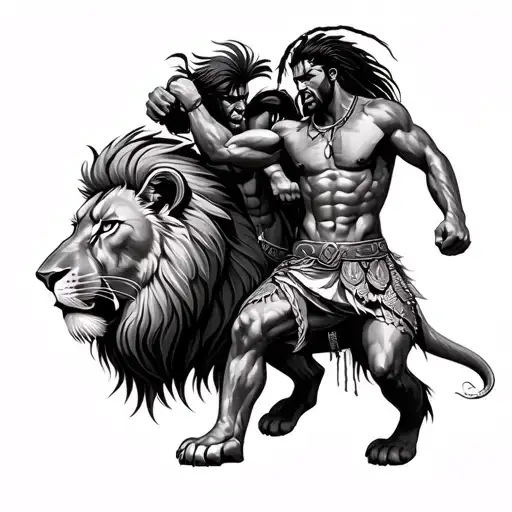 Muscular African Warriors Fighting With Lion