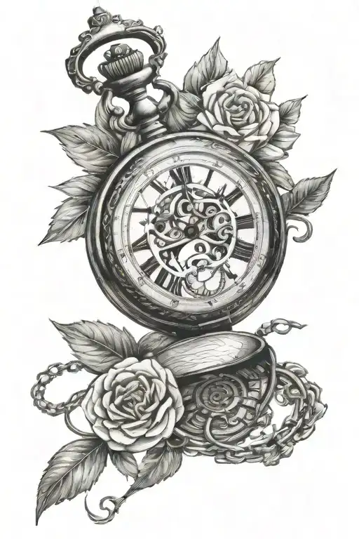 Pocket Watch With Greenery Black And White Drawing