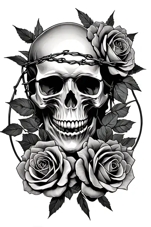 Skull And Roses With Barbed Wire Wrapped