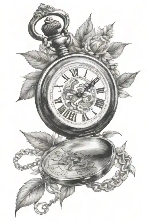 Pocket Watch With Greenery Black And White Drawing