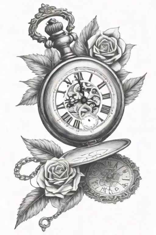 Pocket Watch With Greenery Black And White Drawing