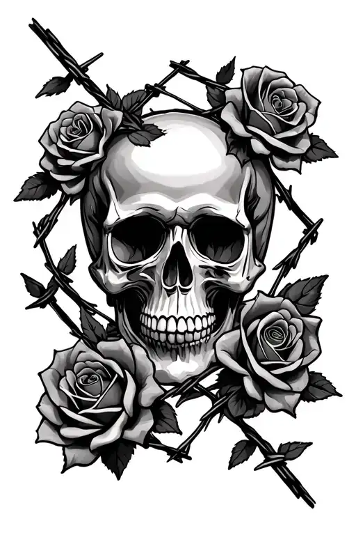 Barbed Wire With Roses And A Skull