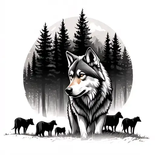 Wolf With A Herd In A Pine Forest