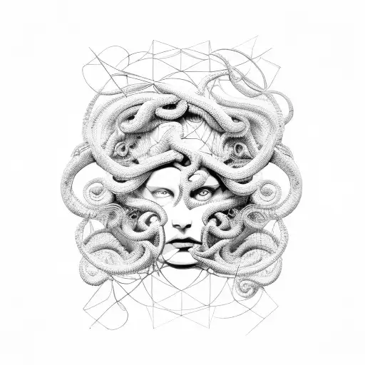 An Abstract Representation Of Medusa's Face With Her Hair Composed Of Geometric Shapes