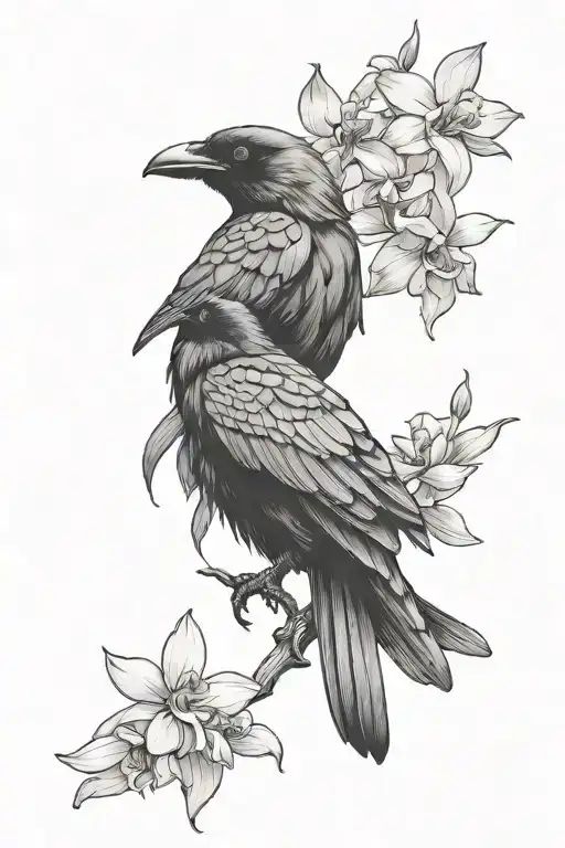 Crow With Orchid Flowers