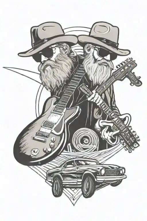Incorporate Zz Top's Iconic Beards Into A Design Of Guitar Strings Forming A Car Track