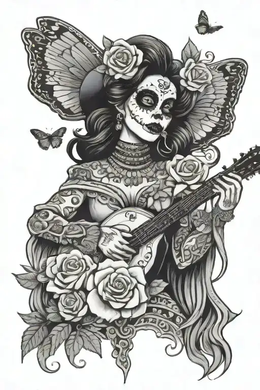 Day Of The Dead Female Mariachi Singer White Flowers Butterflies