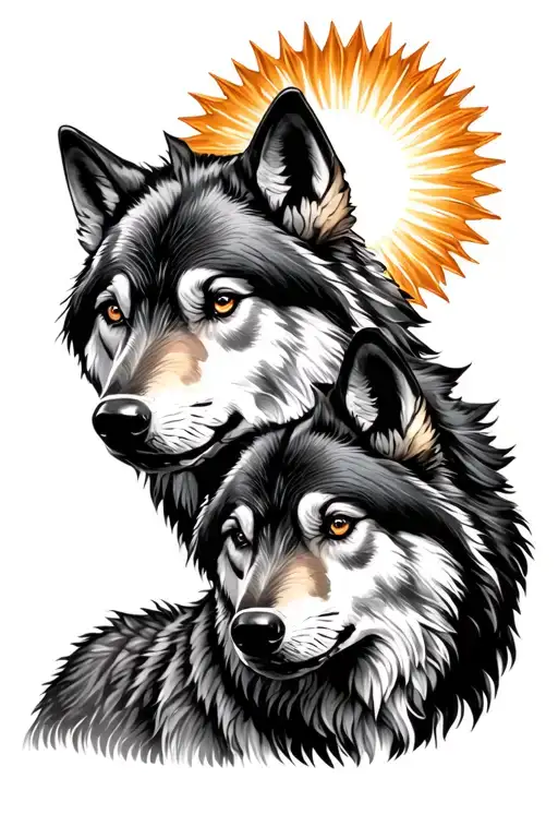 Sun Shining With Shading And Two Brother Wolves