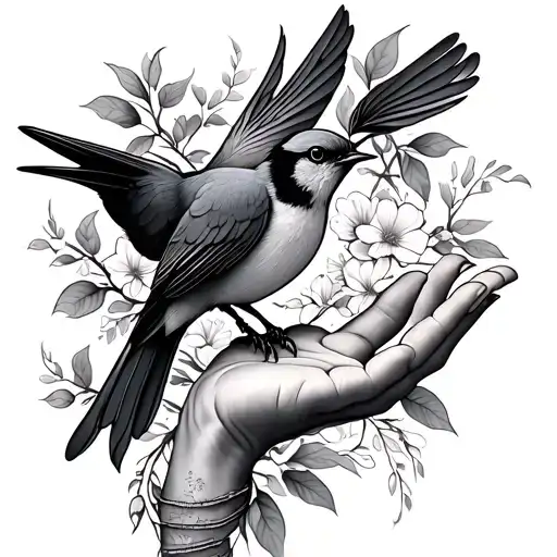Songbird In Floral Vine Intertwined And A Hand Reaching Upward