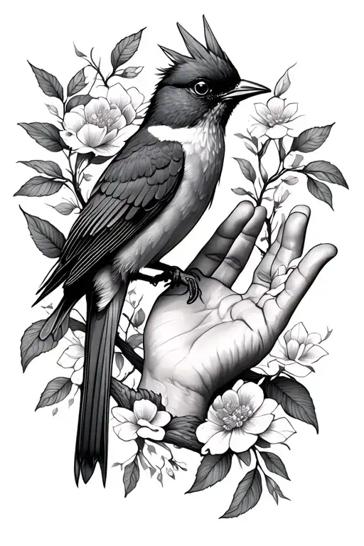 Songbird In Floral Vine Intertwined And A Hand Reaching Upward