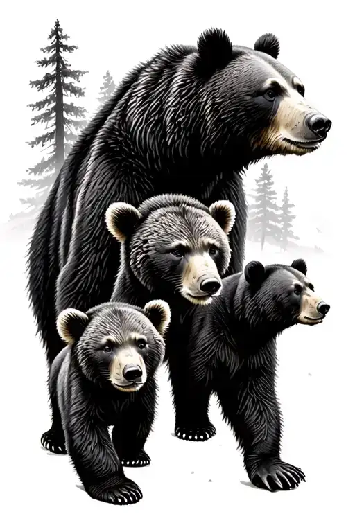 Mama Bear And Cubs Walking In The Forest