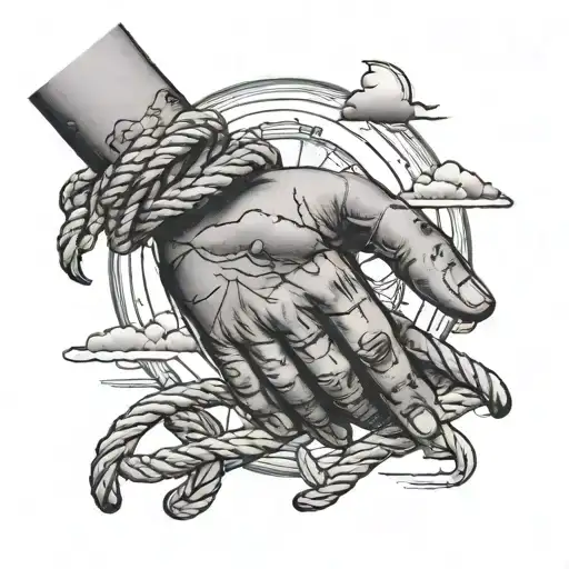 A Port Worker's Hands Gripping A Rope With A Sun And Cloud Scene In The Background