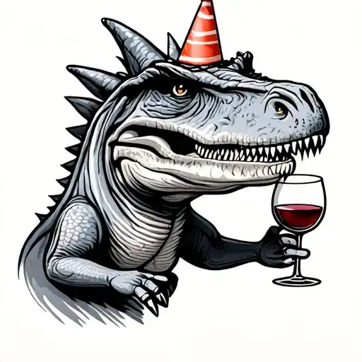 Dinosaur Wearing A Birthday Hat And Holding A Glass Of Wine