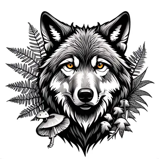 Wolf Head With Fern Leaves And Mushrooms And Elements Of Forest Flora