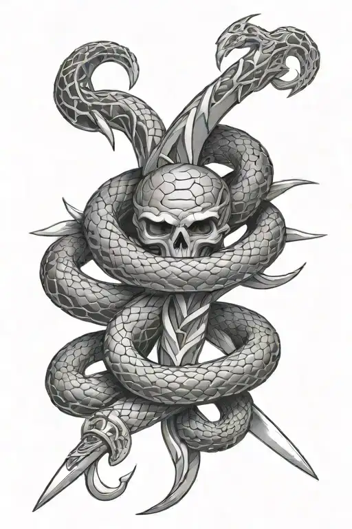 Cross Sword Piercing Snake Intertwined