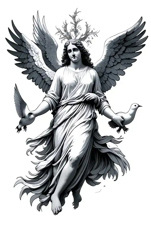 Guardian Angel With Two Doves Flying