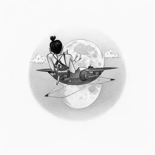 Back Of A Girl Watching A Roket Taking Off Towards The Moon