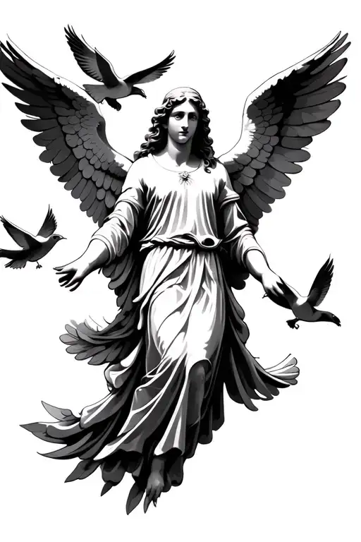 Guardian Angel With Two Doves Flying