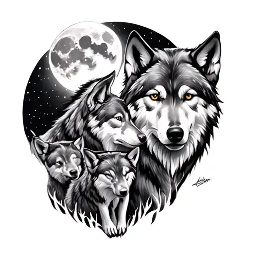 Main Wolf With Moon And 3 Wolf Cubs