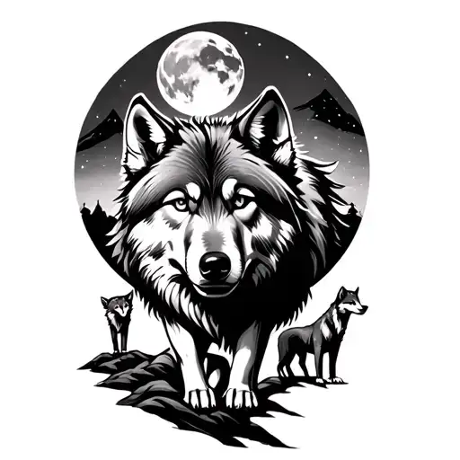Main Alpha Wolf With Moon In The Band Ground And 3 Wolf Cubs On The Mountain