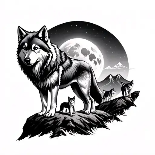 Main Alpha Wolf With Moon In The Band Ground And 3 Wolf Cubs In The Background On A Mountain