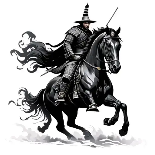 A Samurai Riding A Black Horse