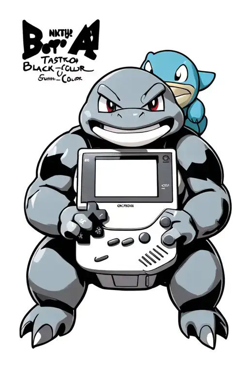Blastoise Playing Gameboy Color With A Squirtle On His Shoulder