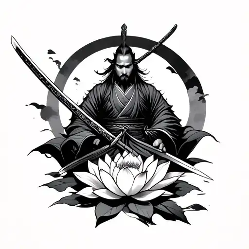 Samurai With Sword And Lotus Flower