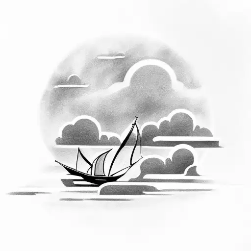 A Boat Ship Sailing Through Water In The Sky And Clouds