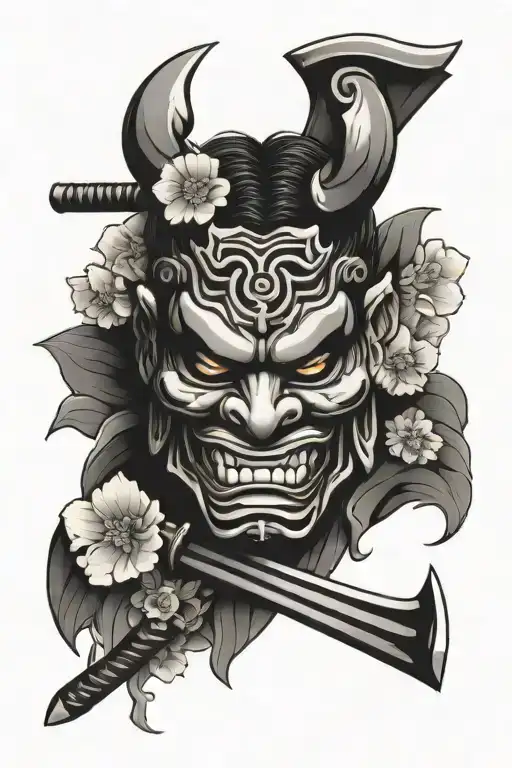 Japanese Oni Mask With Katana Through It Surrounded By Flowers