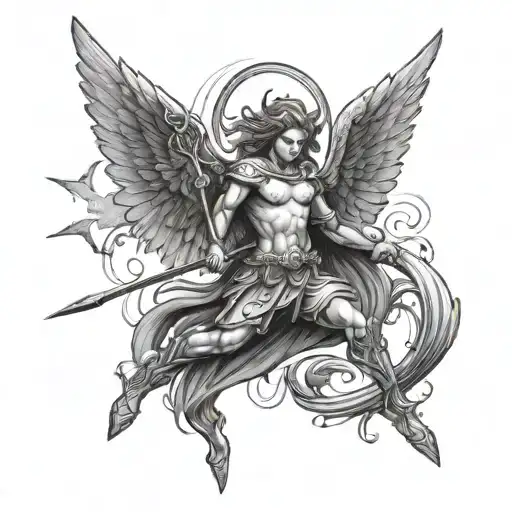 An Angel With Six Wings Diving Down With A Spear