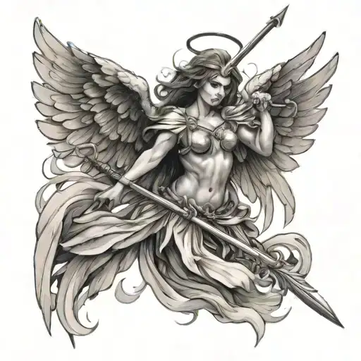An Angel With Six Seraph Wings Attacks With A Spear Downwards