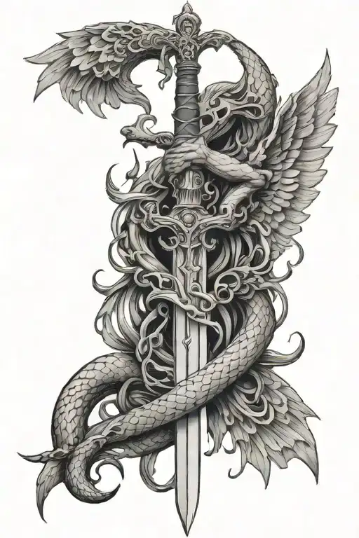 Sword Surrounded By A Snake With Angel Wings With Demon Wings