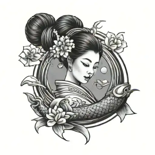 Geisha And Koi Fish Swimming