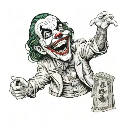 Joker Laughing With Money Bills And Hands Saying A Forearm Prayer