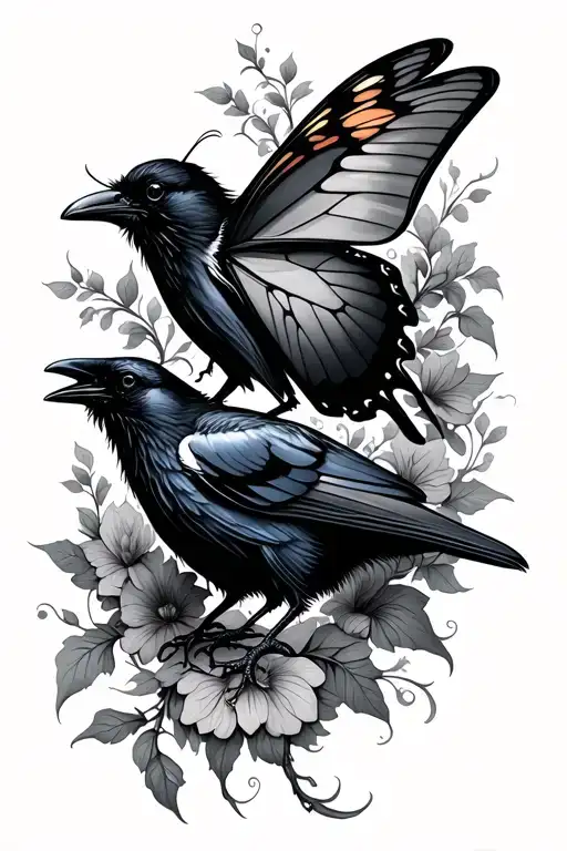 Butterfly And Raven With Vines
