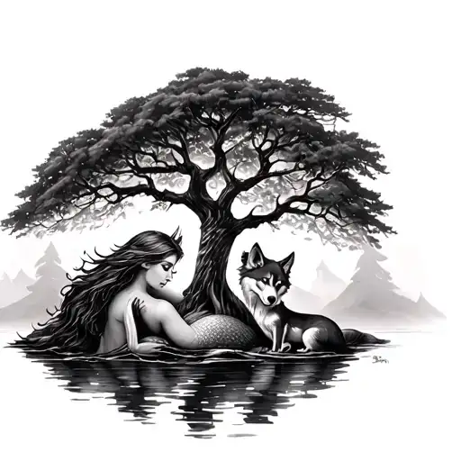 Ash Tree And A Mermaid And A Mother Wolf With 2 Pups
