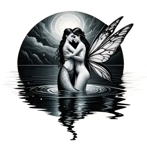 Fairy Standing In Water While Below The Surface Of The Water A Mermaid And Diver Hug