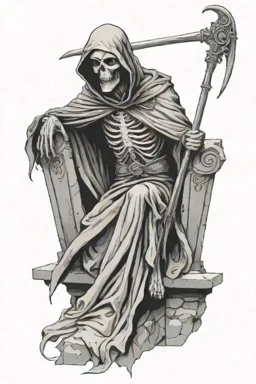 Grim Reaper Sitting On Stone Throne Wearing Cape