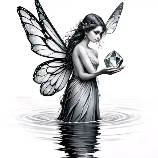 Fairy Standing In Water Holding A Gem She Found